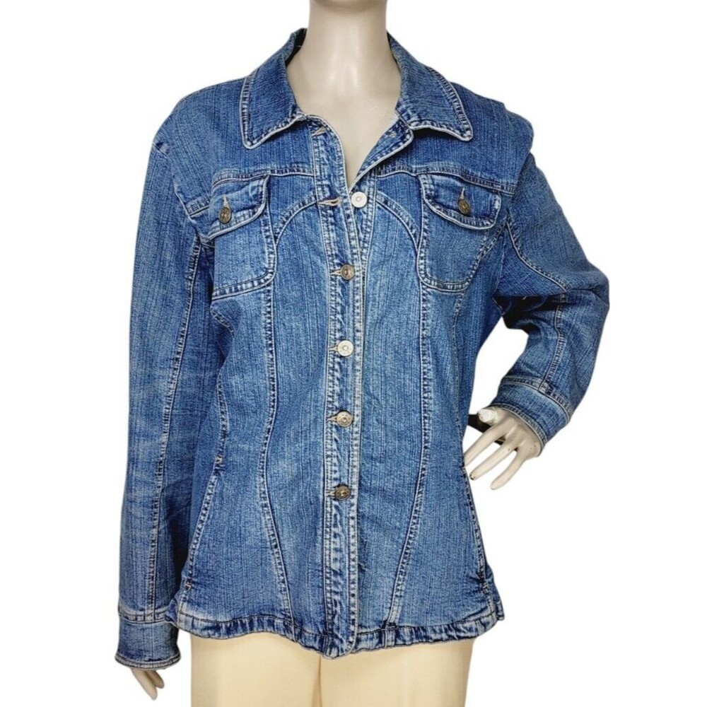 Vintage 90s Y2K Blue Rhinestone Button Denim Trucker Jean Shacket Plus Size 2X